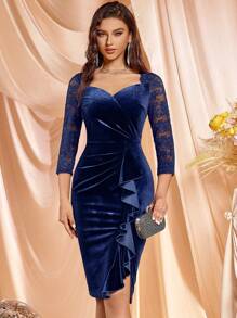 MIUSOL Velvet Sweetheart Neck Ruffle Trim Half Sleeve Cocktail Party Fitted Dress, Elegant Prom Semi Formal Dress, For Birthday, Wedding Guest, Graduation, Dinner, Homecoming - Navy Blue - View 1