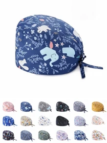 1pc Women Mountain & Water Print Cartoon Graffiti Polyester Printed Scrub Cap, Four Seasons Medical Worker Cap For Doctor, Nurse, Beauty Salon, Veterinary, Anti-Bacterial Dust Free Halloween