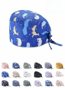 1pc Women Mountain & Water Print Cartoon Graffiti Polyester Printed Scrub Cap, Four Seasons Medical Worker Cap For Doctor, Nurse, Beauty Salon, Veterinary, Anti-Bacterial Dust Free Halloween