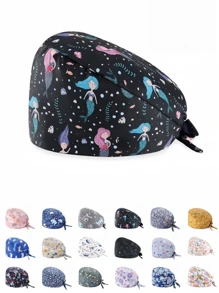 1pc Women Mountain & Water Print Cartoon Graffiti Polyester Printed Scrub Cap, Four Seasons Medical Worker Cap For Doctor, Nurse, Beauty Salon, Veterinary, Anti-Bacterial Dust Free Halloween