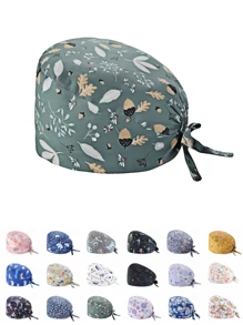 1pc Women Mountain & Water Print Cartoon Graffiti Polyester Printed Scrub Cap, Four Seasons Medical Worker Cap For Doctor, Nurse, Beauty Salon, Veterinary, Anti-Bacterial Dust Free Halloween