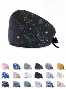 1pc Women Mountain & Water Print Cartoon Graffiti Polyester Printed Scrub Cap, Four Seasons Medical Worker Cap For Doctor, Nurse, Beauty Salon, Veterinary, Anti-Bacterial Dust Free Halloween