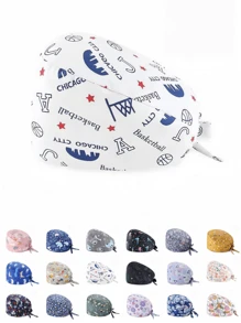 1pc Women Mountain & Water Print Cartoon Graffiti Polyester Printed Scrub Cap, Four Seasons Medical Worker Cap For Doctor, Nurse, Beauty Salon, Veterinary, Anti-Bacterial Dust Free Halloween