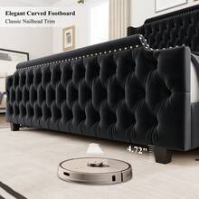 Queen/King Size Bed Frame With Tall Headboard, Platform Bed With Deep Button Tufted Footboard, Velvet Upholstered Bed Frame, Nailhead Trim, Handmade Pleats, No Box Spring Needed - 黑色 - 查看 4