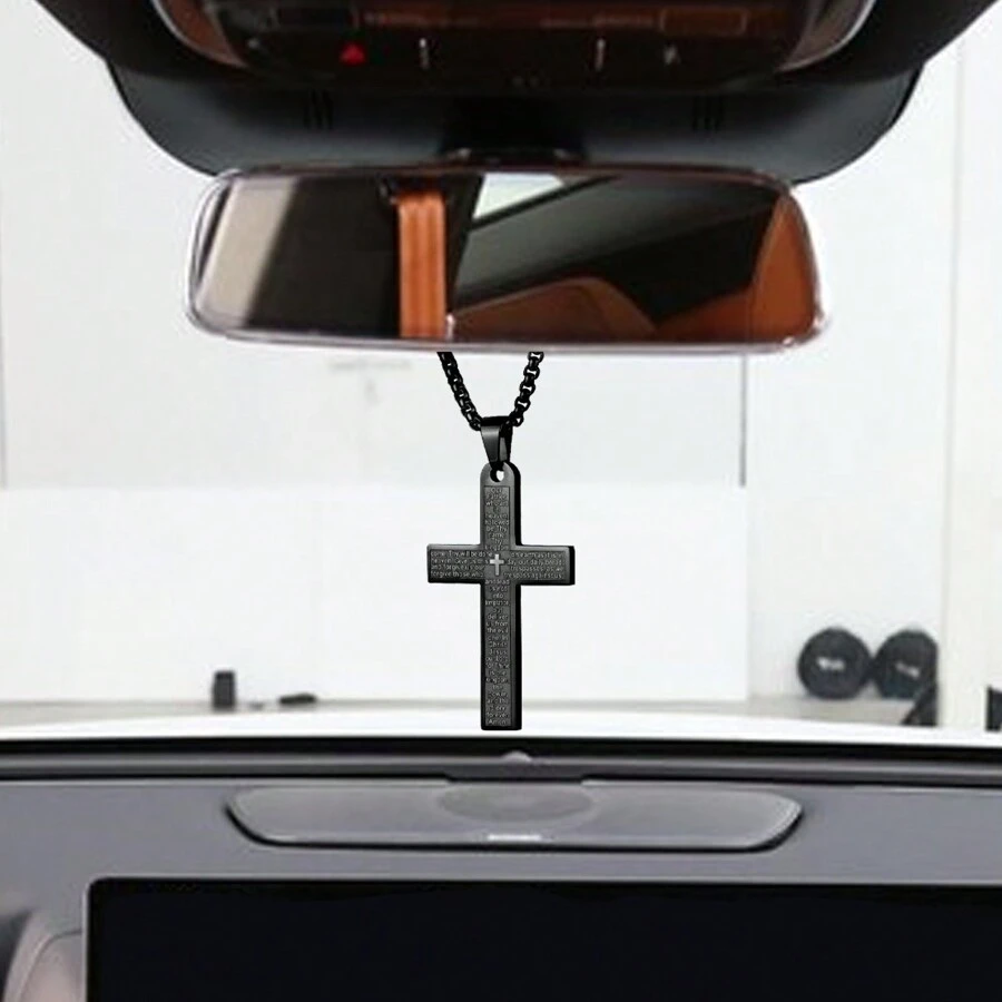 Pendant Cross For Car Rear View Mirror Necklace Cross For Men Women Charm Car Mirror Hanging Accessories Ornament Stainless Steel Lord's Prayer Cross Necklace With Bible Verse