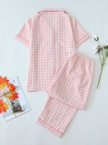 2pcs Women Plaid Print Pajamas Set, Short Sleeve Button Down Shirt And Pants, Casual Sleepwear For Home Use, Spring, Two Pieces Set - 粉色 - 查看 2