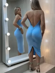 Women's Midi Dress With Slit, Backless, Straps, Draped On The Bum, Tube Top, Summer Fashion - Màu xanh nhạt - Xem 5