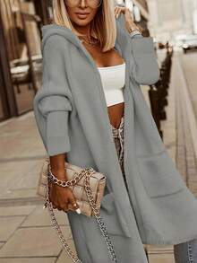 休闲时尚字母与心形图案带口袋连帽开衫，长款 - 淺灰色 - 查看 1