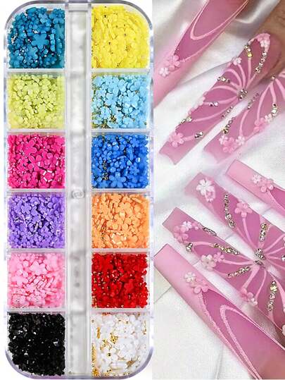 Caja de 12 rejillas Decoraciones de uñas 3D de flores pequeñas de acrílico, cuentas redondas multicolor de oro y plata de tamaños mixtos, flores de cinco pétalos de perlas falsas, rhinestones para decoración de uñas para mujeres y niñas, suministros de uñas
