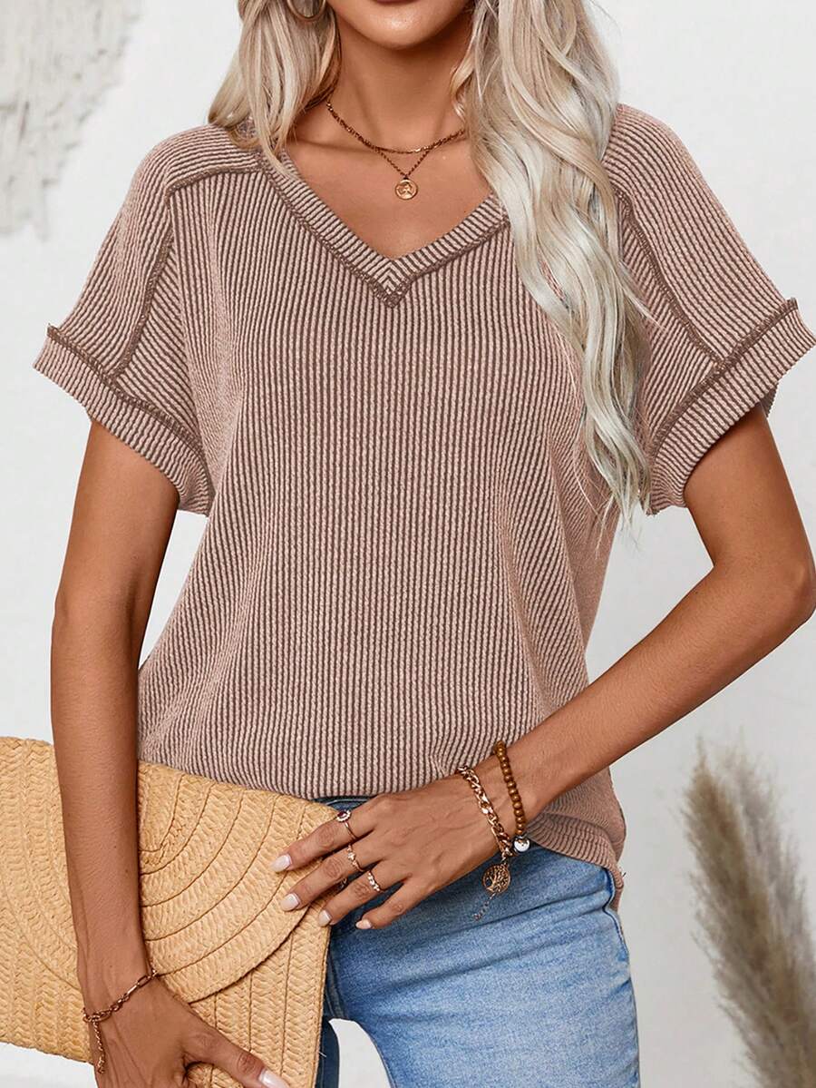 Women's V-Neck T-Shirt, Ribbed Short Sleeve Casual Blouse For Summer - Khaki - View 1