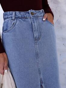 High Waist Denim Skirt, Middle Slit, Casual, Stylish, Simple And Elegant, Length 90 Cm, Size: (36 Waist - 68 Cm, Hip - 96 Cm, ) (38 Waist - 72 Cm, Hip - 100 Cm, )(40 Waist - 76 Cm, Hip - 104 Cm, ) (42 Waist - 80 Cm, Hip - 108 Cm), (44 Waist - 84 Cm, Hip - 112 Cm). (46 Waist - 88 Cm, Hip - 116 Cm) - 中等水洗藍 - 查看 7