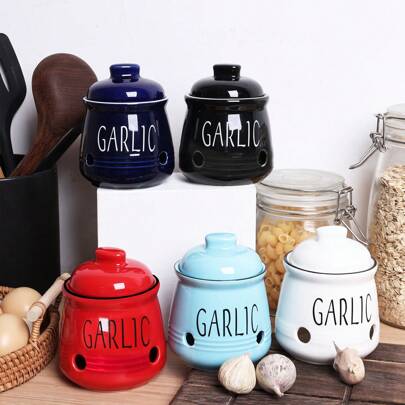 1pc Garlic Storage Box, Ceramic Garlic Keeper, Countertop Garlic Storage Container, Ceramic Garlic Jar With Bamboo Lid, Countertop Vegetable Storage Bowl, Garlic Storage Canister With Ventilation, Rustic Style Kitchen Decoration, Kitchen Utensil