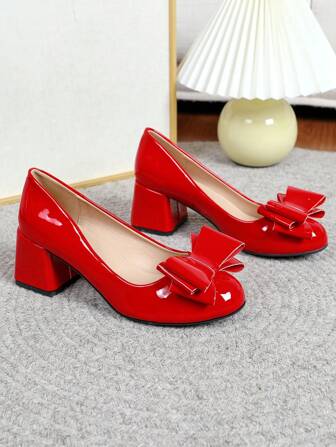 British Style Women's New Bowknot Casual Round Toe Comfortable Mid-Heel Shoes, Size 36-45 Valentines