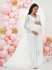 Maternity V-Neck Chiffon Long Sleeve Lace Stitching Dress Photography Gown For Baby Shower, For Photoshoot