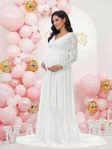 Maternity V-Neck Chiffon Long Sleeve Lace Stitching Dress Photography Gown For Baby Shower, For Photoshoot