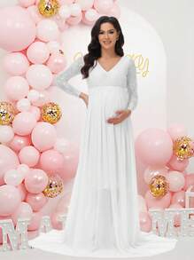 Maternity V-Neck Chiffon Long Sleeve Lace Stitching Dress Photography Gown For Baby Shower, For Photoshoot