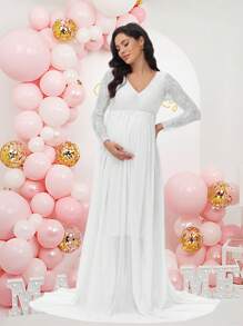 Maternity V-Neck Chiffon Long Sleeve Lace Stitching Dress Photography Gown For Baby Shower, For Photoshoot