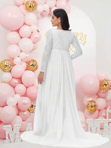 Maternity V-Neck Chiffon Long Sleeve Lace Stitching Dress Photography Gown For Baby Shower, For Photoshoot