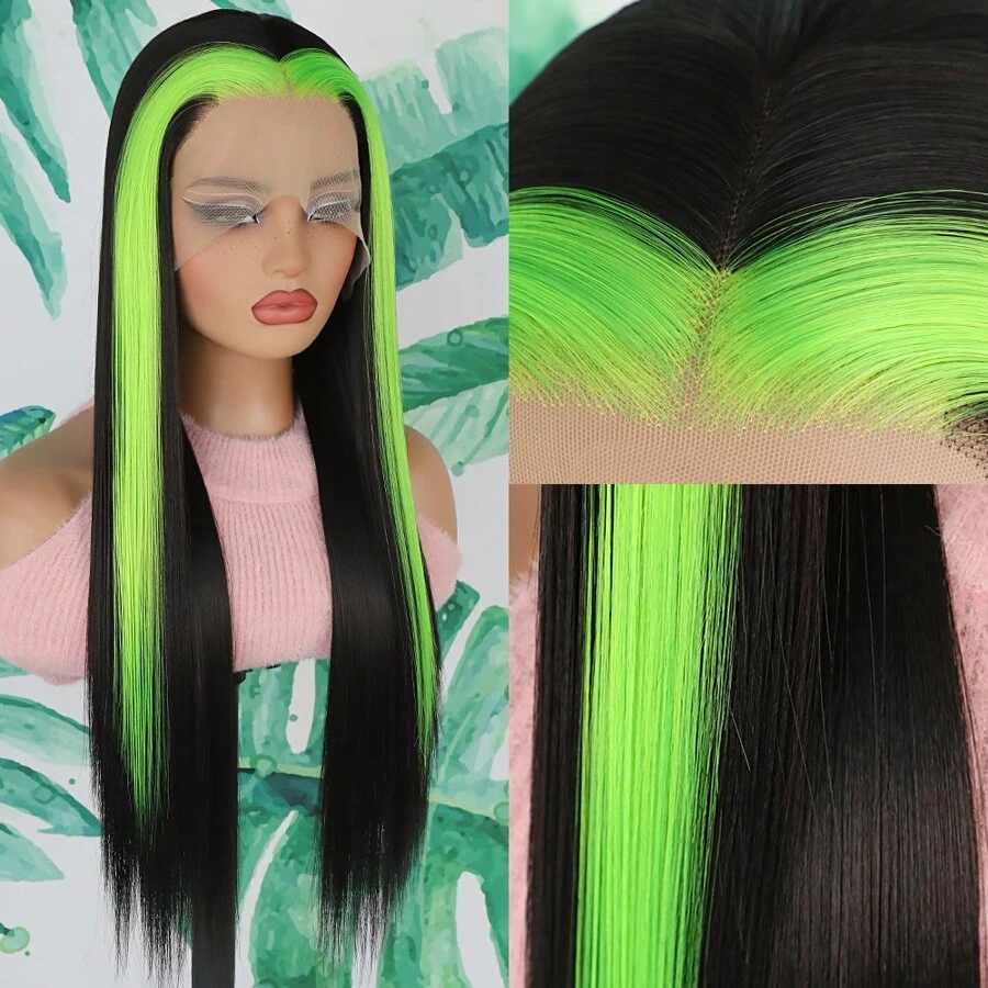 Green Highlight Color Skunk Stripe 13x4 Free Part Synthetic Lace Front Wig Long Straight Hair 28 Inches HD Frontal Lace Replacement Wigs Glueless Pre Plucked Hairline For Fshion Women Girls Daily Party Vacation Use Ready To Wear - 挑染黑色 - 查看 1