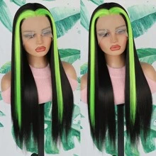 Green Highlight Color Skunk Stripe 13x4 Free Part Synthetic Lace Front Wig Long Straight Hair 28 Inches HD Frontal Lace Replacement Wigs Glueless Pre Plucked Hairline For Fshion Women Girls Daily Party Vacation Use Ready To Wear - 挑染黑色 - 查看 2