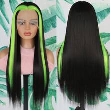 Green Highlight Color Skunk Stripe 13x4 Free Part Synthetic Lace Front Wig Long Straight Hair 28 Inches HD Frontal Lace Replacement Wigs Glueless Pre Plucked Hairline For Fshion Women Girls Daily Party Vacation Use Ready To Wear - 挑染黑色 - 查看 3