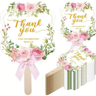 Breezier 10/20 件婚礼礼品派对用品装饰扇子、毕业典礼庆典物品、感谢您与我们一起庆祝手持折扇、波西米亚风格婚礼礼物（适合新娘、伴娘、舞会）、优雅玫瑰花卉图案婚礼扇子（配有木柄和丝带）供宾客使用