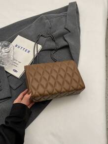 1 件简约时尚凹痕钻石形方形包锁扣翻盖开口金属链条单肩包适合女性日常休闲使用 - 咖啡棕 - 查看 5