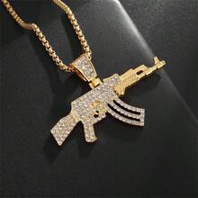 时尚嘻哈冰晶锆石 Ak-47 突击步枪吊坠项链，适合男士街头摇滚说唱派对珠宝 - 金黃色 - 查看 3