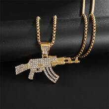 时尚嘻哈冰晶锆石 Ak-47 突击步枪吊坠项链，适合男士街头摇滚说唱派对珠宝 - 金黃色 - 查看 5