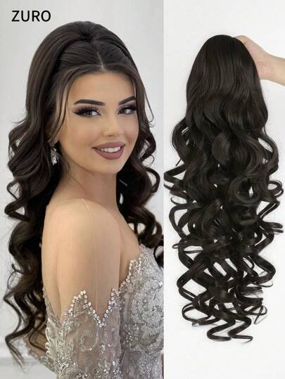 22 Inch Black/Brown Long Wavy Heat Resistant Synthetic Ponytail Hair Extensions With Drawstring Clip-In, Suitable For Women's Daily Use