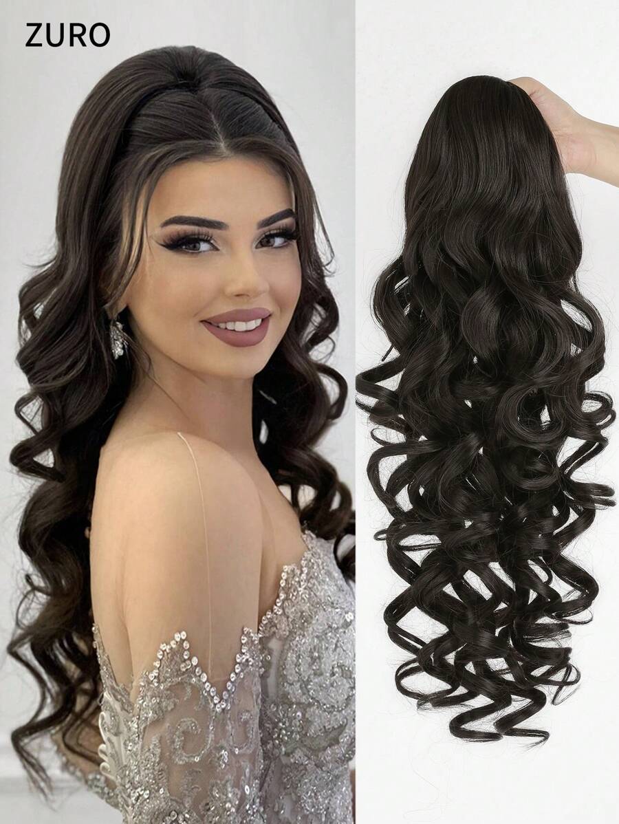 22 pulgadas Extensiones de cabello sintético ondulado y resistente al calor con coleta negra/marrón y clip con cordón, adecuado para uso diario de mujeres