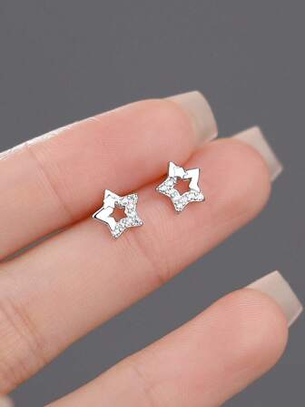 1 Paio Di Orecchini A Perno In Argento Sterling 925 Con Zirconia A Forma Di Stella, Semplici E Di Moda, Gioielli Fini Per Donne, Regalo Per Feste Di Compleanno, Uso Quotidiano