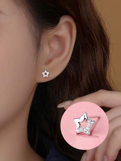 1 Par de Brincos de Pressão com Estrela de Zircônia de Prata 925 Simples e da Moda para Mulheres, Joias Finas, Presente de Aniversário, Uso Diário