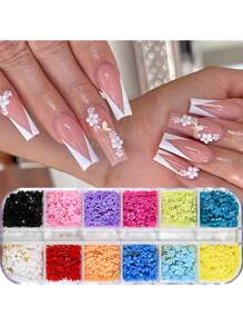 12格/盒 3D 亚克力小花美甲饰品，混合尺寸多色金银圆珠仿珍珠五瓣花美甲水钻装饰女士女孩 DIY 美甲饰品美甲宝石美甲用品指甲 - 彩色 - 查看 3