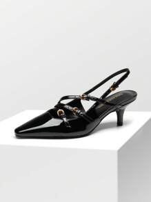 Women's Kitten Heel Slingback Pumps Square Toe Metal Buckle Strap Low Heels Sexy Wedding Party Dress Shoes - màu đen - Xem 5