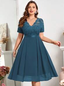 Plus Size Floral Lace V-Neck Ruffle Hem A-Line Semi-Formal Party Midi Dress - Dusty Blue - View 4