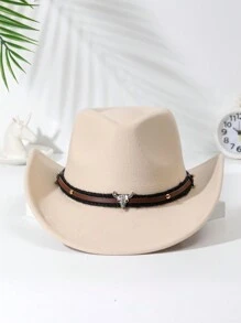 1 pièce Chapeau de cow-boy unisexe décoré d'une tête de bétail, chapeau de style boho cowboy/cowgirl Fedora pour fête et Halloween