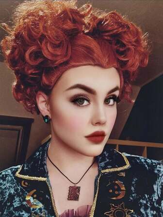 Halloween Party Classic Witch Costume Wigs Heat Resistant Copper Red Synthetic Short Curly Heart Shaped Anime Cosplay Wig Red-Brown Heart Bun Beehive Wigs For Adults Women Movie Film Character Hair Wig High Temperature Fiber Natural Looking Beginner Friendly Queen Wig For BirthdayChristmas Gift For Festival Masquerade Comic Con Exhibition Decorations