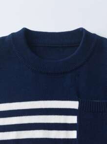 1 件男童/年轻男孩学院风拼色条纹毛衣，带口袋，适合度假 - 春季、秋季、冬季 - 紅色 - 查看 3