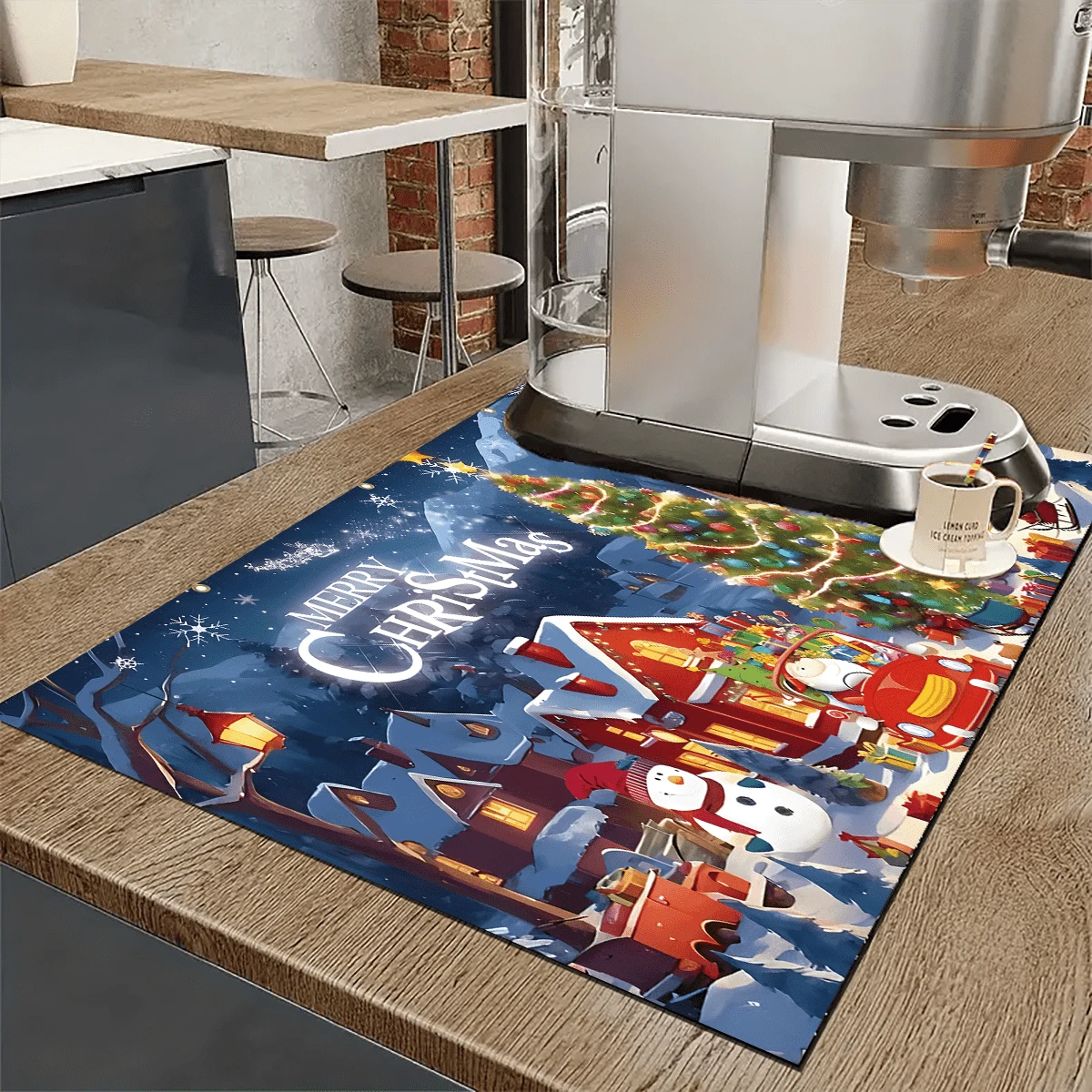 1 tấm thảm quầy pha cà phê in chữ hình ông già Noel người tuyết Giáng sinh, tấm lót thoát nước, thảm thoát nước máy pha cà phê bằng silicon, chống trượt, thảm lau bát đĩa siêu thấm có thể giặt được, dùng cho mặt bàn, nhà hàng, nhà bếp, đồ trang trí bàn ngoài hiên, đồ dùng nhà bếp tại nhà, đồ trang trí bề mặt Giáng sinh