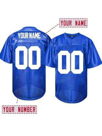 Anpassat namn och nummer, pojkvänsstil, herrbroderad amerikansk fotbollströja, New York, blå V-ringad, personlig kortärmad skjorta, fest, spel, träning, tävling, sporttopp, gör-det-själv, S-XXL, snygg, mode, hipster, avslappnad, minimalistisk chic, personlig, specialanpassad, unik, killkostymer, kapselgarderob, herrbas/gatustil, perfekta presenter till honom, pojkvän, familj, vänner, för födelsedagar, för semester, för skolan/tävling, för sport/klättring