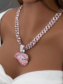 1pc Women's Pink & White Rhinestone Lip Shaped Pendant Necklace, Punk & Hip Hop Style, Jewelry Gift & Party Wear