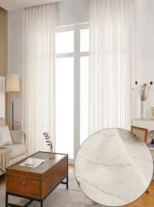 1pc Woven Semi-Sheer Linen Striped Curtain, Thin & Breathable Japanese Style Curtain For Summer, Princess Room Decoration, Simple & Versatile - Natural White - View 5