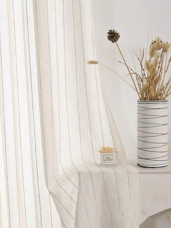1pc Woven Semi-Sheer Linen Striped Curtain, Thin & Breathable Japanese Style Curtain For Summer, Princess Room Decoration, Simple & Versatile