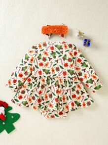 2 Stück/Set Baby Mädchen Weihnachten Themen Langarm Bodysuit, Rundhals Bodysuit mit Ganzflächenprint von Weihnachtsbaum & Süßigkeiten Design - Verschiedenfarbig - Übersicht 2