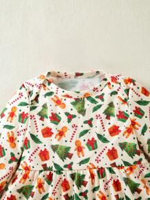 2 Stück/Set Baby Mädchen Weihnachten Themen Langarm Bodysuit, Rundhals Bodysuit mit Ganzflächenprint von Weihnachtsbaum & Süßigkeiten Design - Verschiedenfarbig - Übersicht 3