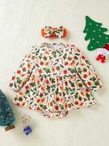 2 Stück/Set Baby Mädchen Weihnachten Themen Langarm Bodysuit, Rundhals Bodysuit mit Ganzflächenprint von Weihnachtsbaum & Süßigkeiten Design - Verschiedenfarbig - Übersicht 1