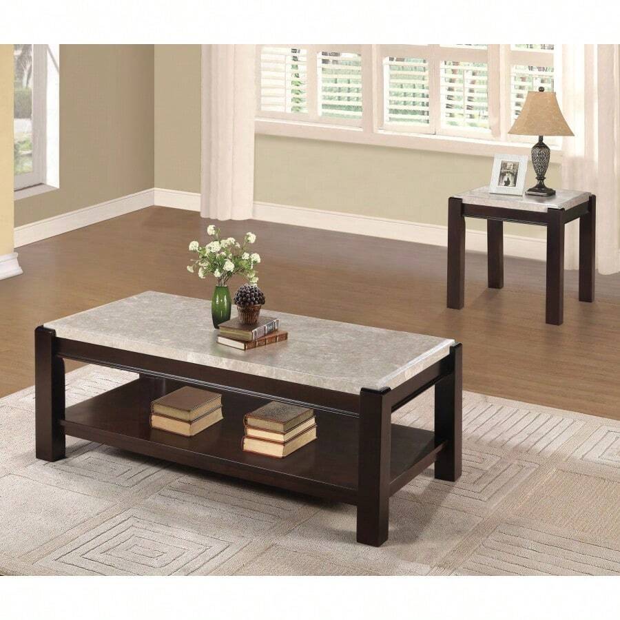 Genuine Marble Top Cocktail Table Dark Cherry Finish Wood Frame