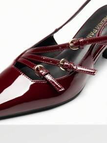 Women's Kitten Heel Slingback Pumps Square Toe Metal Buckle Strap Low Heels Sexy Wedding Party Dress Shoes - 酒紅色 - 查看 8