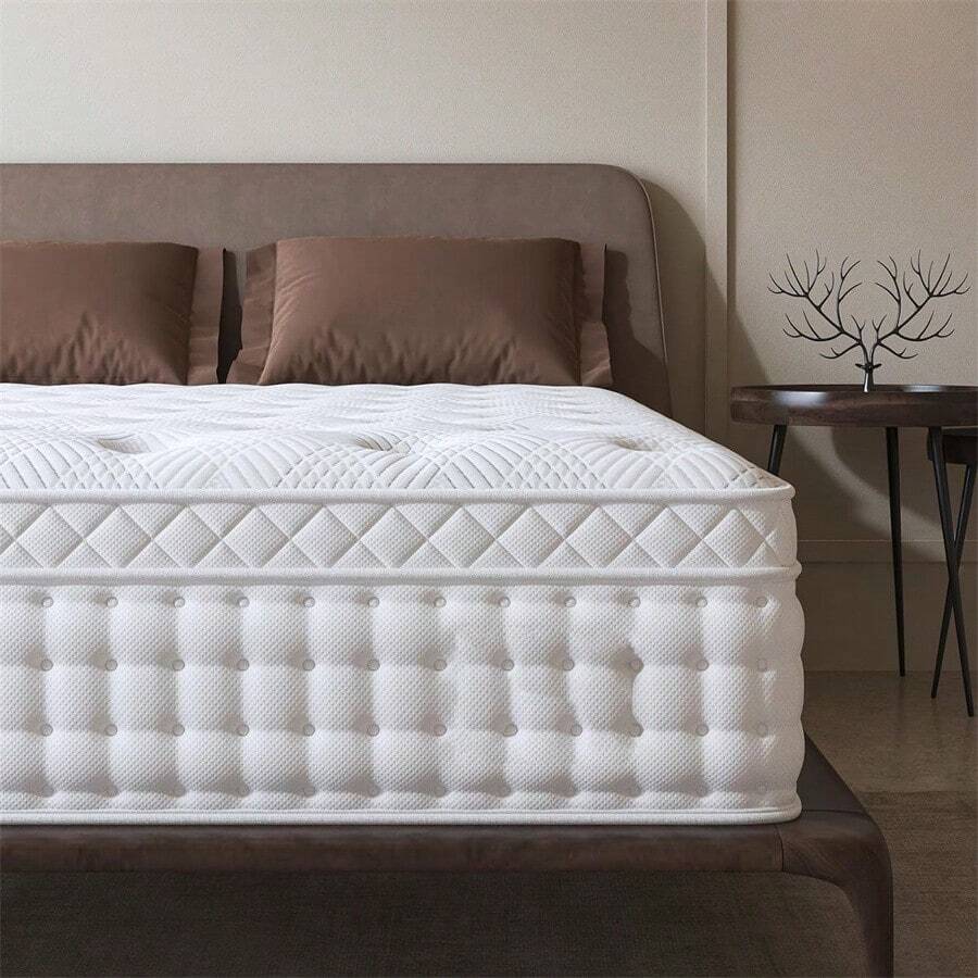 Queen Mattress 14 Inch, Deep Sleep Firm Mattress Extra Lumbar Support - Pain-Relief - Memory Foam Hybrid Euro Top Luxury Mattress, Individually Wrapped Pocket Coils - 14寸(白色) - 查看 1